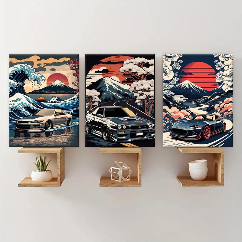 Wooden Framed Canvas Painting, 3 Counts set Car & Landscape Pattern Wall Art, Wall Decor for Home Living Room Bedroom Office