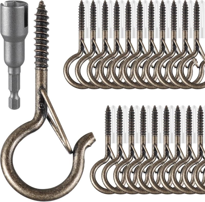 100 count Screw-in Hooks for Outdoor String Lights, Q Hangers Hooks for Outside, Swivel Hanging Basket Patio Hook with Safe Buckle, Screw in Plant Eye Hook for Wall Ceiling with 1 Wing Nut Driver,Copper