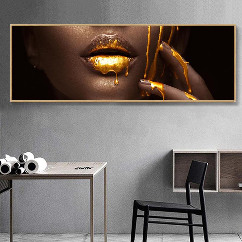 Fashionable Woman with Golden Lipstick Magazine Cover Design Wall Art, 1 Count Canvas Poster without Frame, Wall Decor for Home Living Room Bedroom Office