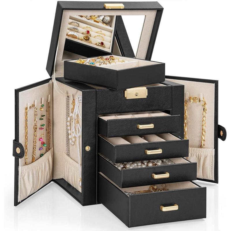 5-Tier Jewelry Box Leather Jewelry Storage Organizer with 4 Drawers Lockable for Women Girls Ring Necklace Earring Bracelet Watches Holder with Mirror Black