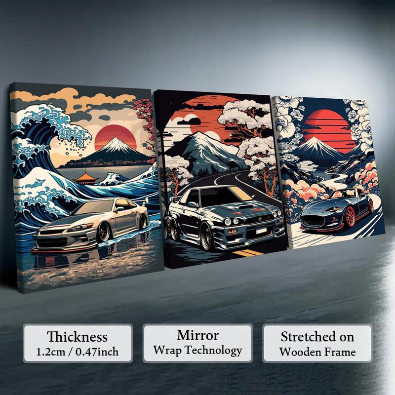 Wooden Framed Canvas Painting, 3 Counts set Car & Landscape Pattern Wall Art, Wall Decor for Home Living Room Bedroom Office