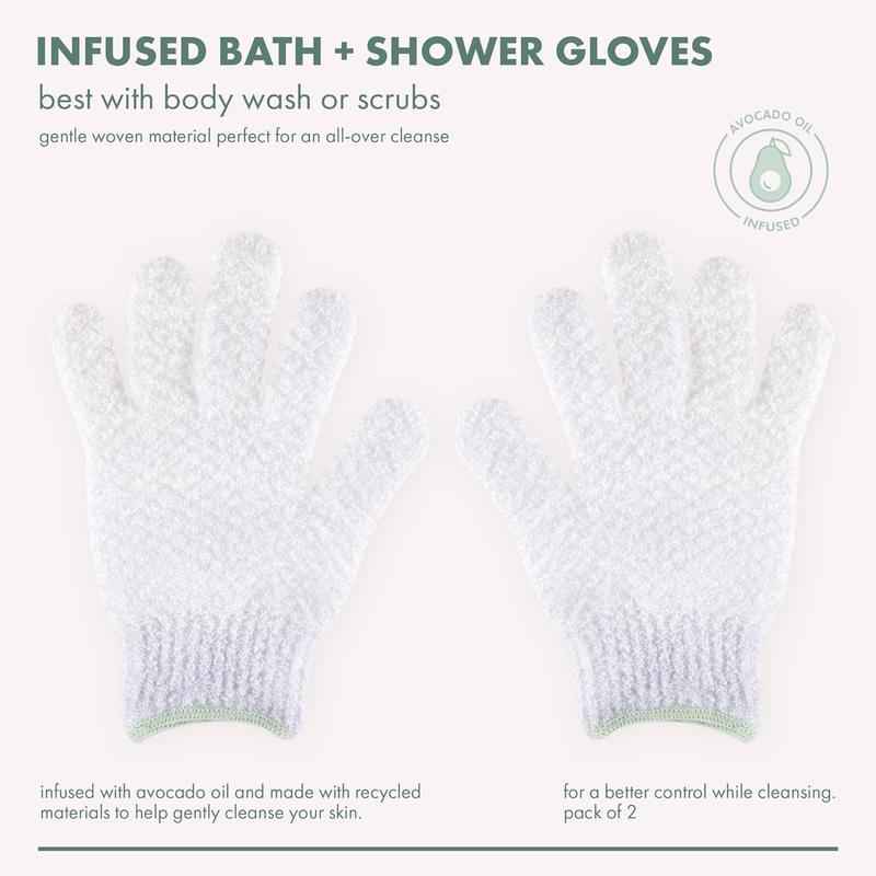 Gentle Bath + Shower Gloves, Exfoliating Gloves Remove Dead Skin & Cleanse The Whole Body, Bath Gloves Infused with Avocado Oil to Scrub & Hydrate, Cruelty Free, 1 Pair (2 Gloves)