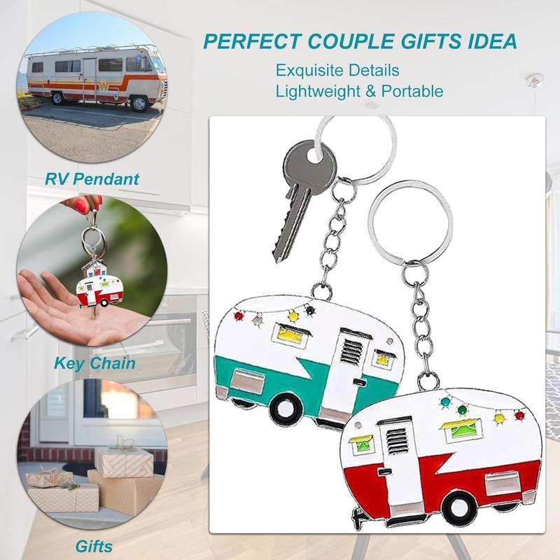 2 Pack Camper Keychain Set Happy RV Camper Keyring Couples Camping Accessories for Men Women Travel Trailers