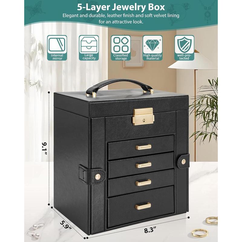 5-Tier Jewelry Box Leather Jewelry Storage Organizer with 4 Drawers Lockable for Women Girls Ring Necklace Earring Bracelet Watches Holder with Mirror Black