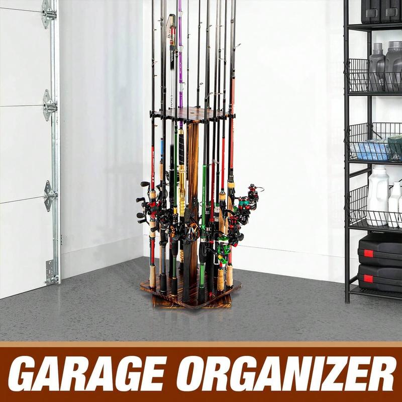 360-Degree Swivel 16-Rod Fishing Pole Storage Rack - Wood Vertical Holder For Garage & Gear Organization, Secure Floor Stand Design