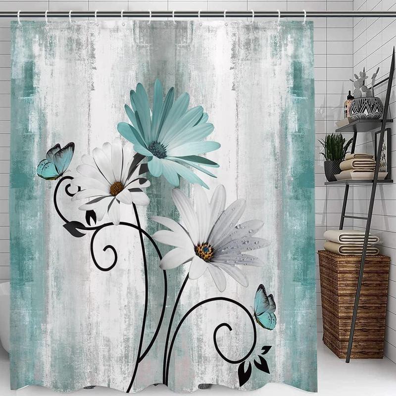 Butterfly & Daisy Pattern Shower Curtain, 1 Count Waterproof Bathroom Curtain with 12pcs Hooks, Bathroom Decor Supplies for Home Hotel