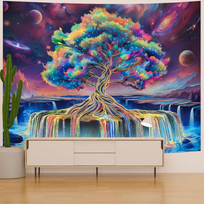 Blacklight Tree of Life Tapestry Reactive Waterfall Tapestry Space Tapestry Aesthetic Tree Wall Tapestry Colorful Starry Sky Tapestry Wall Hanging for Bedroom