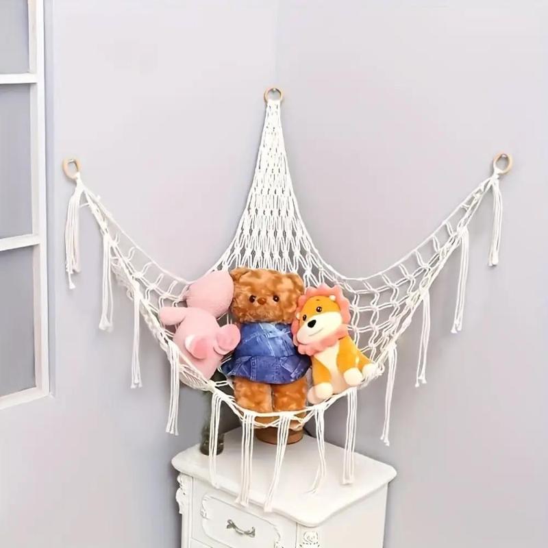 Hand Knitting Tassel Decor Hanging Net Hammock without Toy, Boho Style Wall Hanging Room Decor, Stuffed Animal Net Hammock, Plush Toy Corner Hangable Organizer, Home Decor Supplies for Living Room Bedroom