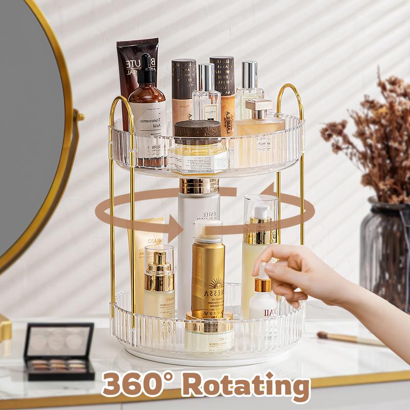 Makeup Organizer, 2 Tier Vanity Organizers Racks, 360°Spinning Skin Care Storage Organizers, Rotating Make Up Holder for Perfume, Brush, Lotion, Cosmetic, Bathroom Countertop Organiser for Home Decor, Valentines Gifts for Her