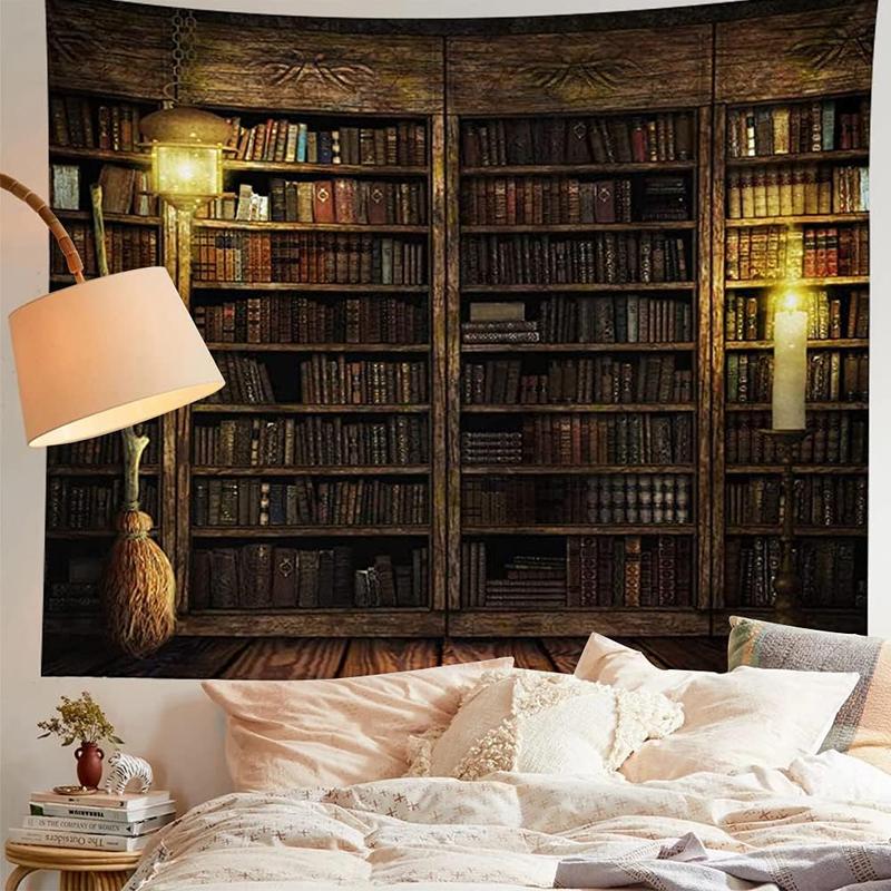 Vintage Bookshelf Wall Hanging - Study Room Picture Tapestry Retro Bookshelf Wall Art Library Bohemian Hippie Tapestries Bedroom College Dorm Decor