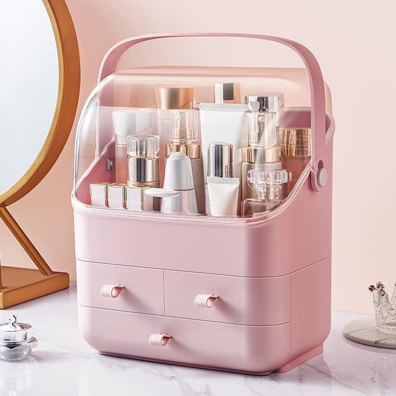 Cosmetic Storage Box with Lid Waterproof&Dustproof Makeup Organizer Box Portable Handle,Large Makeup Display Case with Drawers Fully Open Lid,Great for Bathroom Countertop Bedroom Dresser