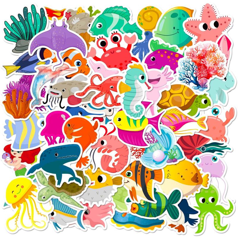 50pcs Set Cartoon Marine Organism Series Pattern Sticker, Waterproof Self Adhesive Decor Paper, Decor Sticker for Gift Greeting Card Water Bottle Laptop Phone