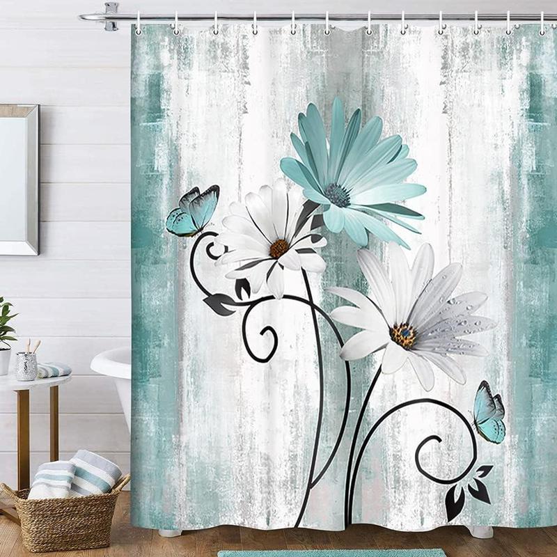 Butterfly & Daisy Pattern Shower Curtain, 1 Count Waterproof Bathroom Curtain with 12pcs Hooks, Bathroom Decor Supplies for Home Hotel