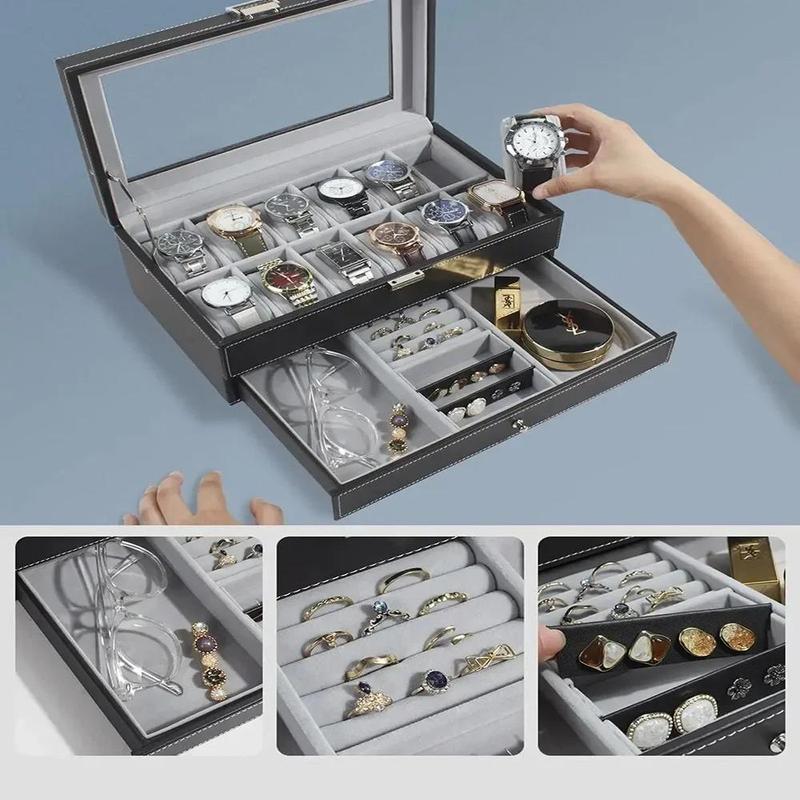 Watch Storage Box, 12-compartment Jewelry Organizer with Drawer, Jewelry Storage Box for Watches, Sunglasses, Jewelry, Home Organizer, Gift for Husband