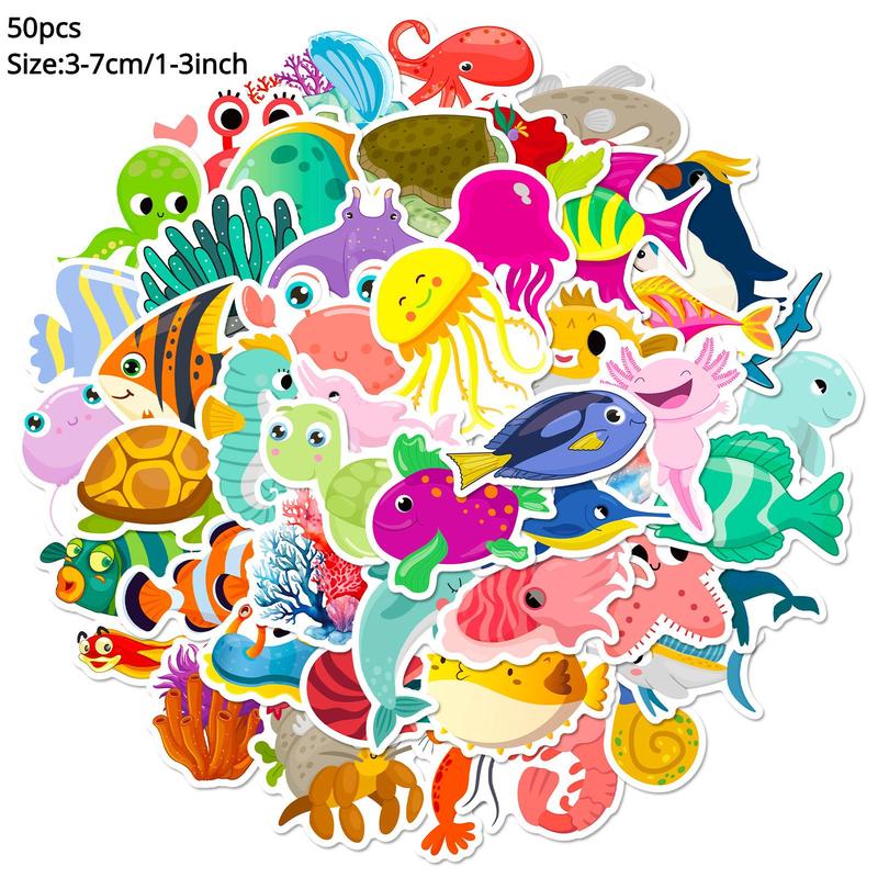 50pcs Set Cartoon Marine Organism Series Pattern Sticker, Waterproof Self Adhesive Decor Paper, Decor Sticker for Gift Greeting Card Water Bottle Laptop Phone