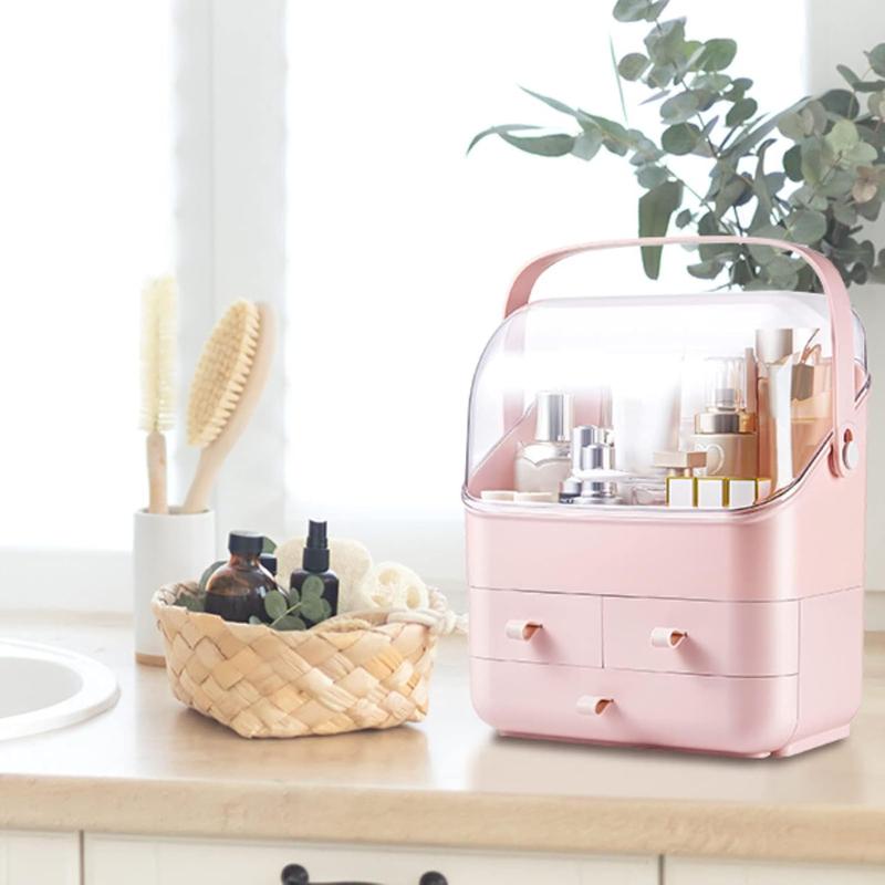 Cosmetic Storage Box with Lid Waterproof&Dustproof Makeup Organizer Box Portable Handle,Large Makeup Display Case with Drawers Fully Open Lid,Great for Bathroom Countertop Bedroom Dresser