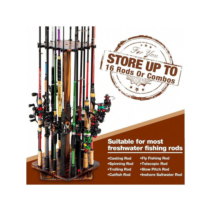 360-Degree Swivel 16-Rod Fishing Pole Storage Rack - Wood Vertical Holder For Garage & Gear Organization, Secure Floor Stand Design