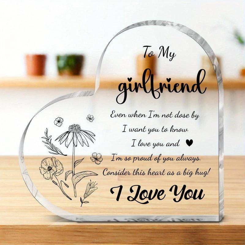 Heart Shaped Acrylic Ornament, 1 Count Flower & Letter Pattern Keepsake, Gift for Girlfriend, Home Living Room & Bedroom & Office Decor