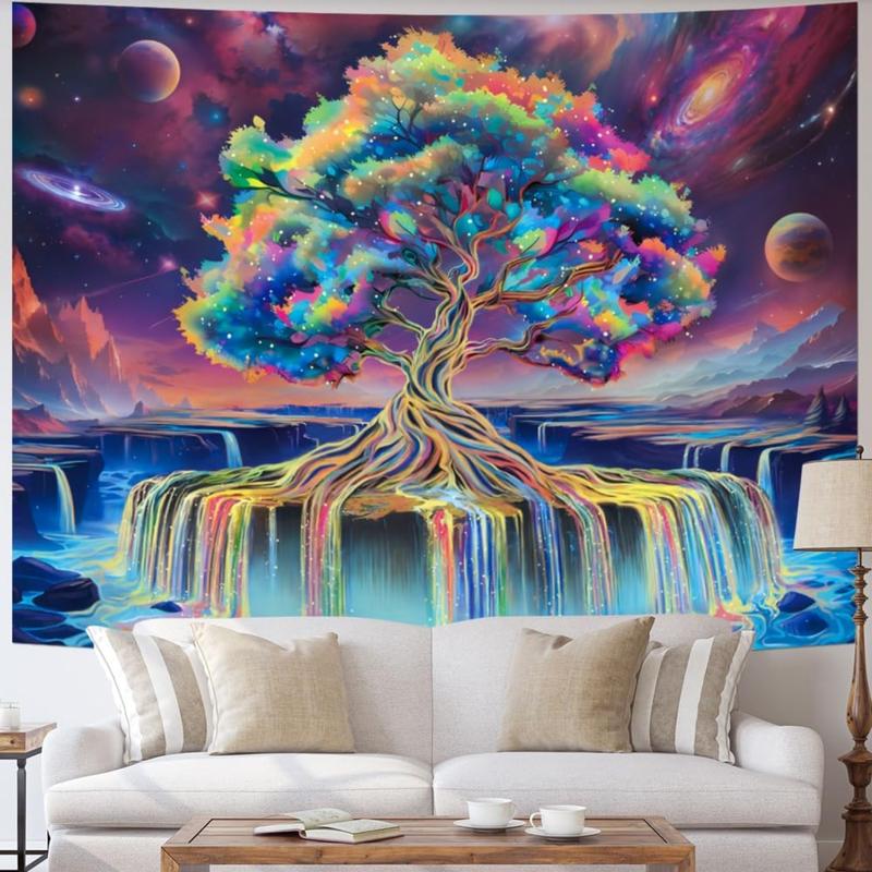 Blacklight Tree of Life Tapestry Reactive Waterfall Tapestry Space Tapestry Aesthetic Tree Wall Tapestry Colorful Starry Sky Tapestry Wall Hanging for Bedroom