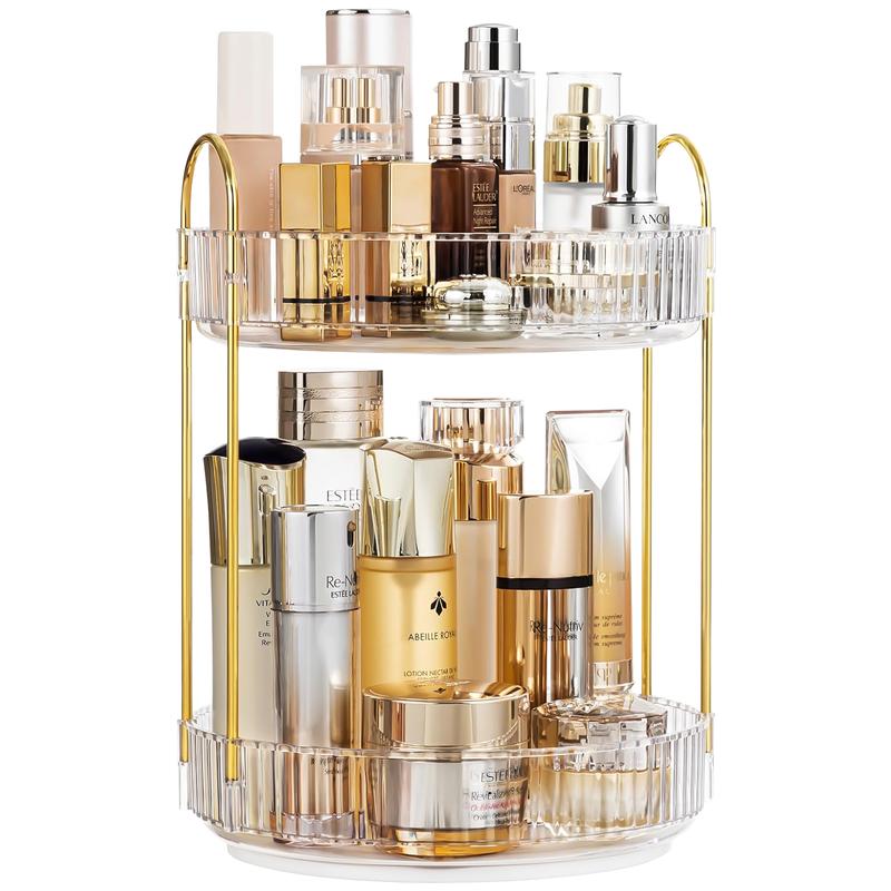 Makeup Organizer, 2 Tier Vanity Organizers Racks, 360°Spinning Skin Care Storage Organizers, Rotating Make Up Holder for Perfume, Brush, Lotion, Cosmetic, Bathroom Countertop Organiser for Home Decor, Valentines Gifts for Her