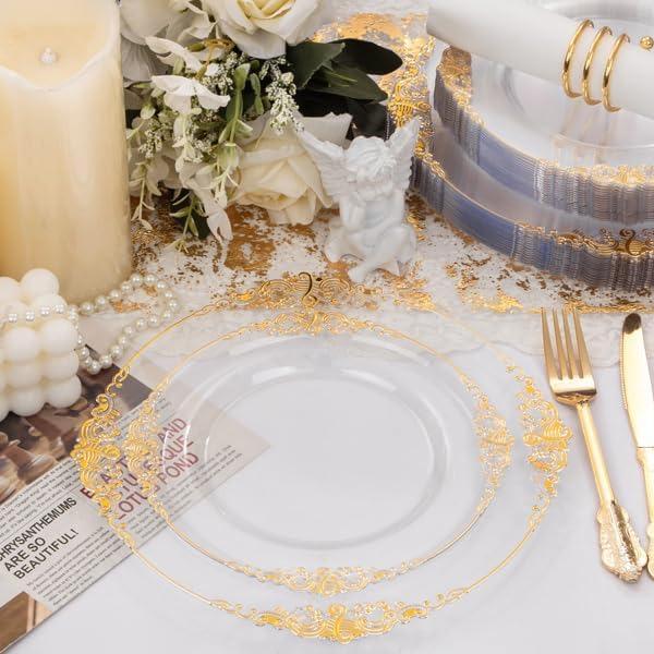 Nervure 350PCS Clear Gold Plastic Plates - Gold Plastic Dinnerware Sets for 50 Guests - 100 Gold Disposable Plates, 150 Gold Plastic Silverware, 50 Cups, 50 Napkins for Wedding & Party