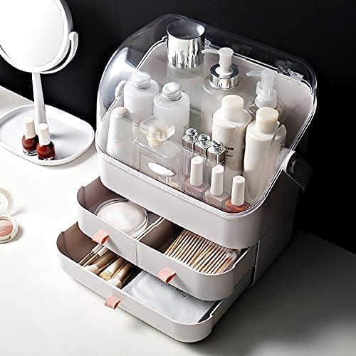 Cosmetic Storage Box with Lid Waterproof&Dustproof Makeup Organizer Box Portable Handle,Large Makeup Display Case with Drawers Fully Open Lid,Great for Bathroom Countertop Bedroom Dresser