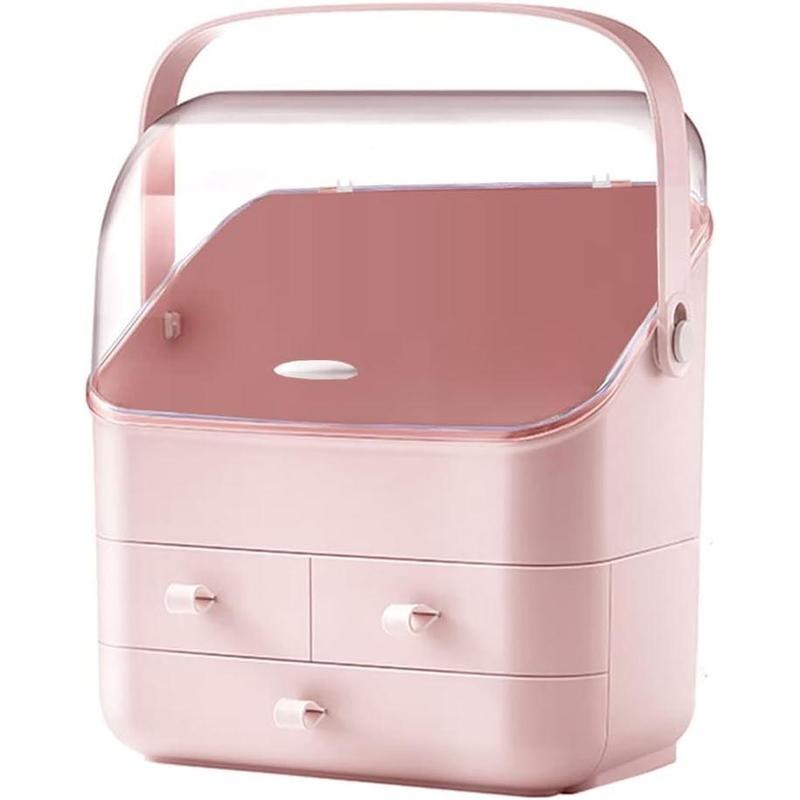 Cosmetic Storage Box with Lid Waterproof&Dustproof Makeup Organizer Box Portable Handle,Large Makeup Display Case with Drawers Fully Open Lid,Great for Bathroom Countertop Bedroom Dresser