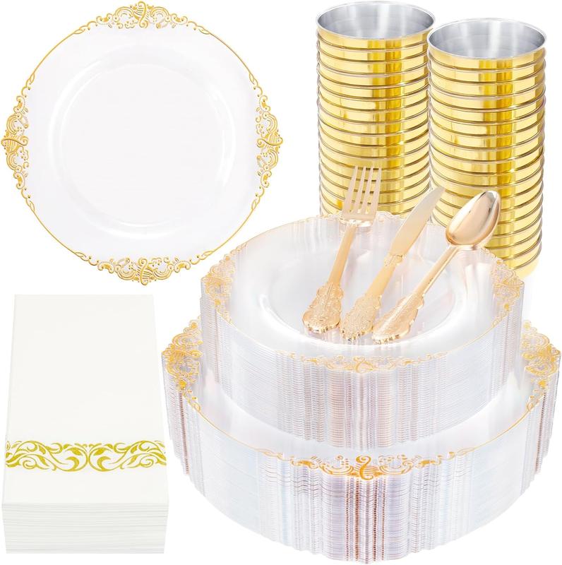 Nervure 350PCS Clear Gold Plastic Plates - Gold Plastic Dinnerware Sets for 50 Guests - 100 Gold Disposable Plates, 150 Gold Plastic Silverware, 50 Cups, 50 Napkins for Wedding & Party