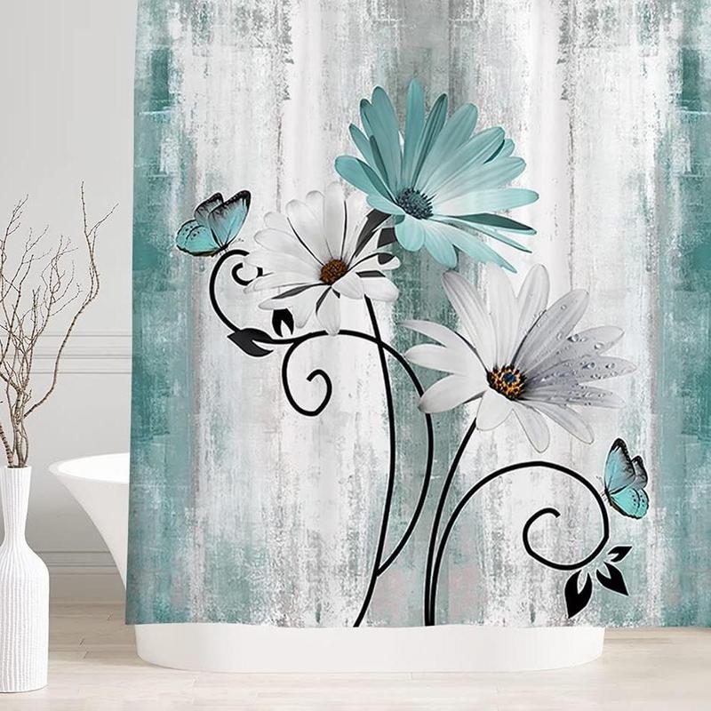 Butterfly & Daisy Pattern Shower Curtain, 1 Count Waterproof Bathroom Curtain with 12pcs Hooks, Bathroom Decor Supplies for Home Hotel