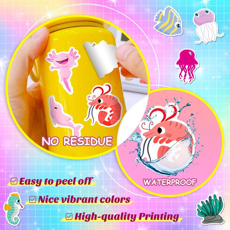 50pcs Set Cartoon Marine Organism Series Pattern Sticker, Waterproof Self Adhesive Decor Paper, Decor Sticker for Gift Greeting Card Water Bottle Laptop Phone