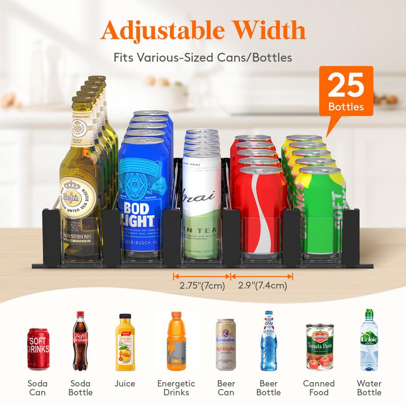 Lifewit Drink Organizer for Fridge, Soda Can Dispenser for Refrigerator with Self-Pushing Width Adjustable Glide, Beverage Water Bottle Beer Pop Can Storage Holder Organizer