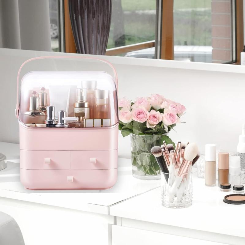 Cosmetic Storage Box with Lid Waterproof&Dustproof Makeup Organizer Box Portable Handle,Large Makeup Display Case with Drawers Fully Open Lid,Great for Bathroom Countertop Bedroom Dresser