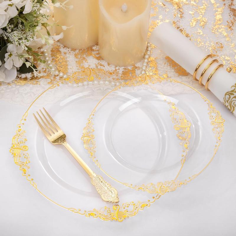 Nervure 350PCS Clear Gold Plastic Plates - Gold Plastic Dinnerware Sets for 50 Guests - 100 Gold Disposable Plates, 150 Gold Plastic Silverware, 50 Cups, 50 Napkins for Wedding & Party