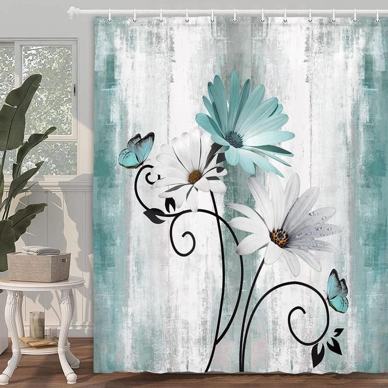 Butterfly & Daisy Pattern Shower Curtain, 1 Count Waterproof Bathroom Curtain with 12pcs Hooks, Bathroom Decor Supplies for Home Hotel