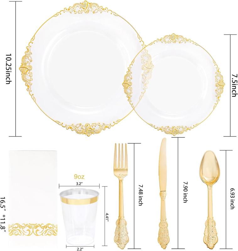 Nervure 350PCS Clear Gold Plastic Plates - Gold Plastic Dinnerware Sets for 50 Guests - 100 Gold Disposable Plates, 150 Gold Plastic Silverware, 50 Cups, 50 Napkins for Wedding & Party