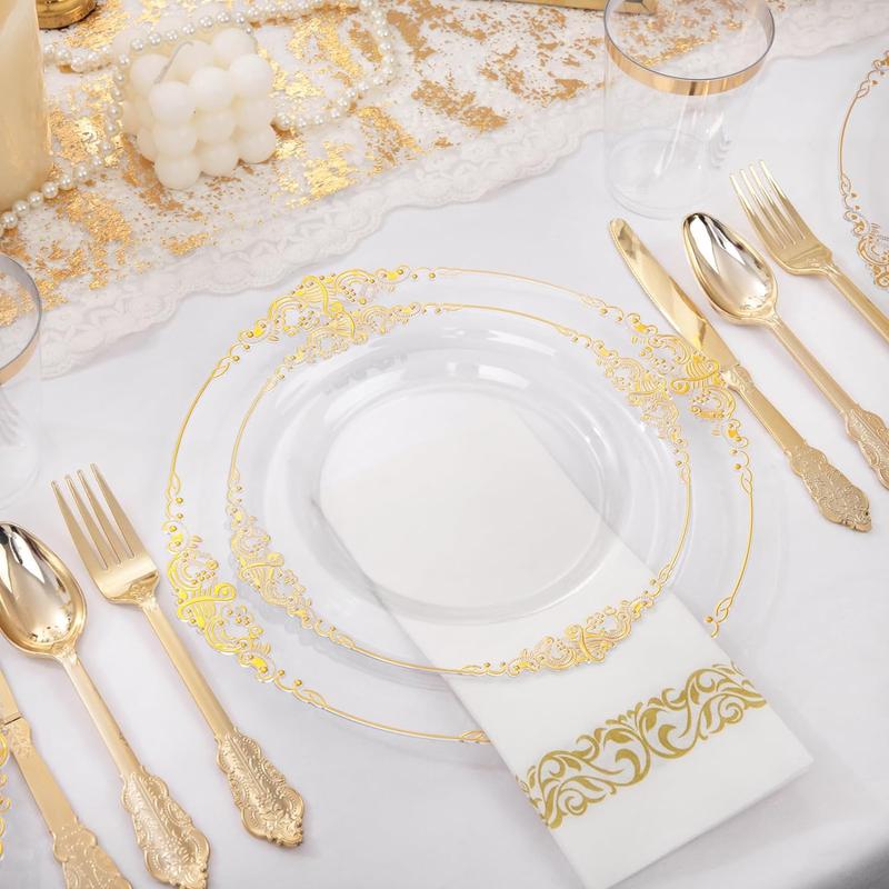 Nervure 350PCS Clear Gold Plastic Plates - Gold Plastic Dinnerware Sets for 50 Guests - 100 Gold Disposable Plates, 150 Gold Plastic Silverware, 50 Cups, 50 Napkins for Wedding & Party