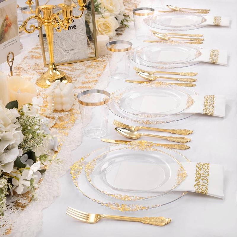 Nervure 350PCS Clear Gold Plastic Plates - Gold Plastic Dinnerware Sets for 50 Guests - 100 Gold Disposable Plates, 150 Gold Plastic Silverware, 50 Cups, 50 Napkins for Wedding & Party