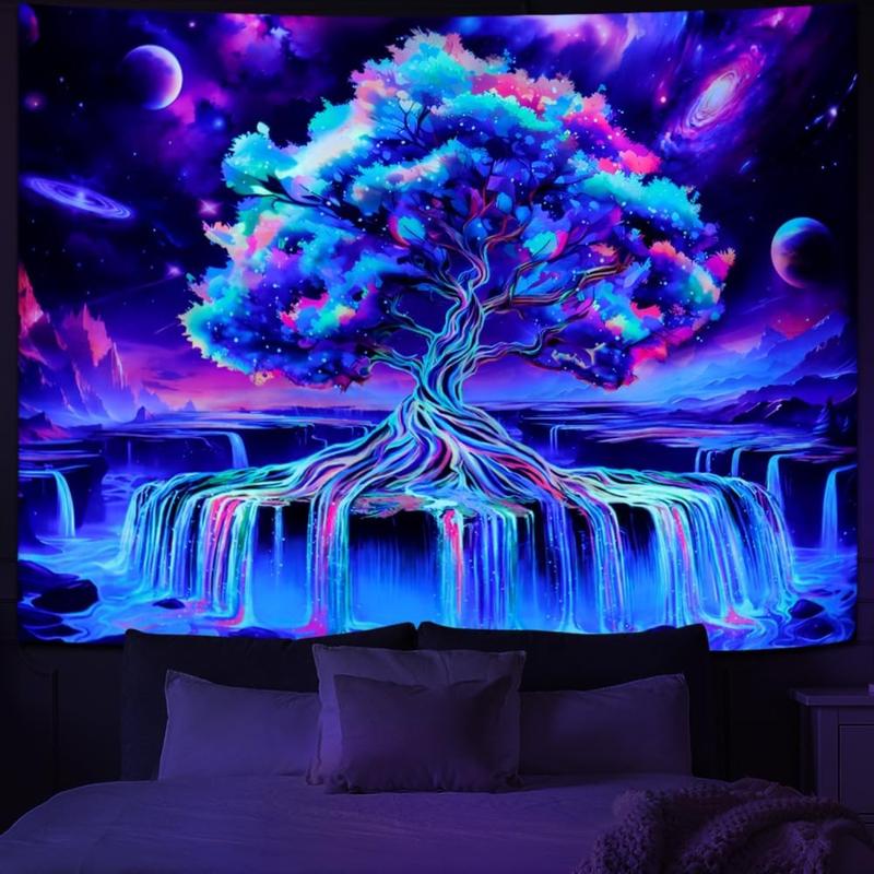 Blacklight Tree of Life Tapestry Reactive Waterfall Tapestry Space Tapestry Aesthetic Tree Wall Tapestry Colorful Starry Sky Tapestry Wall Hanging for Bedroom