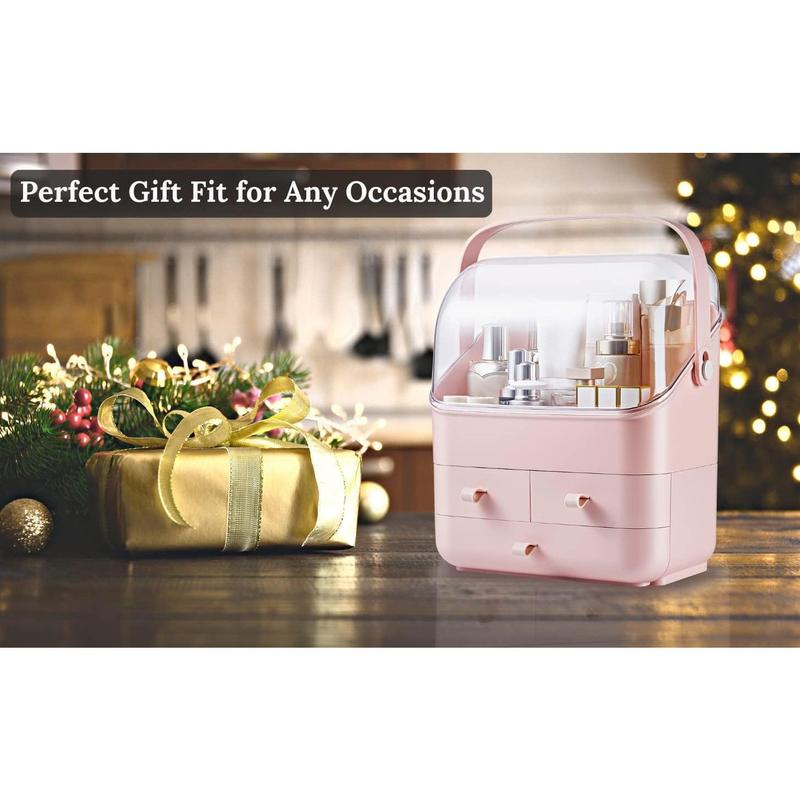 Cosmetic Storage Box with Lid Waterproof&Dustproof Makeup Organizer Box Portable Handle,Large Makeup Display Case with Drawers Fully Open Lid,Great for Bathroom Countertop Bedroom Dresser