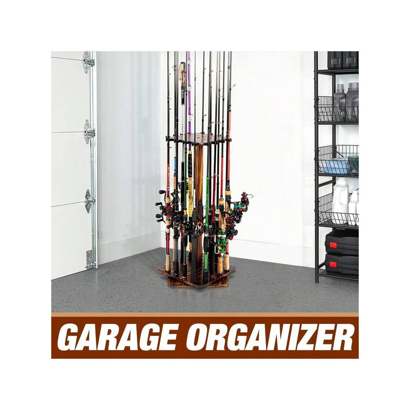 360-Degree Swivel 16-Rod Fishing Pole Storage Rack - Wood Vertical Holder For Garage & Gear Organization, Secure Floor Stand Design