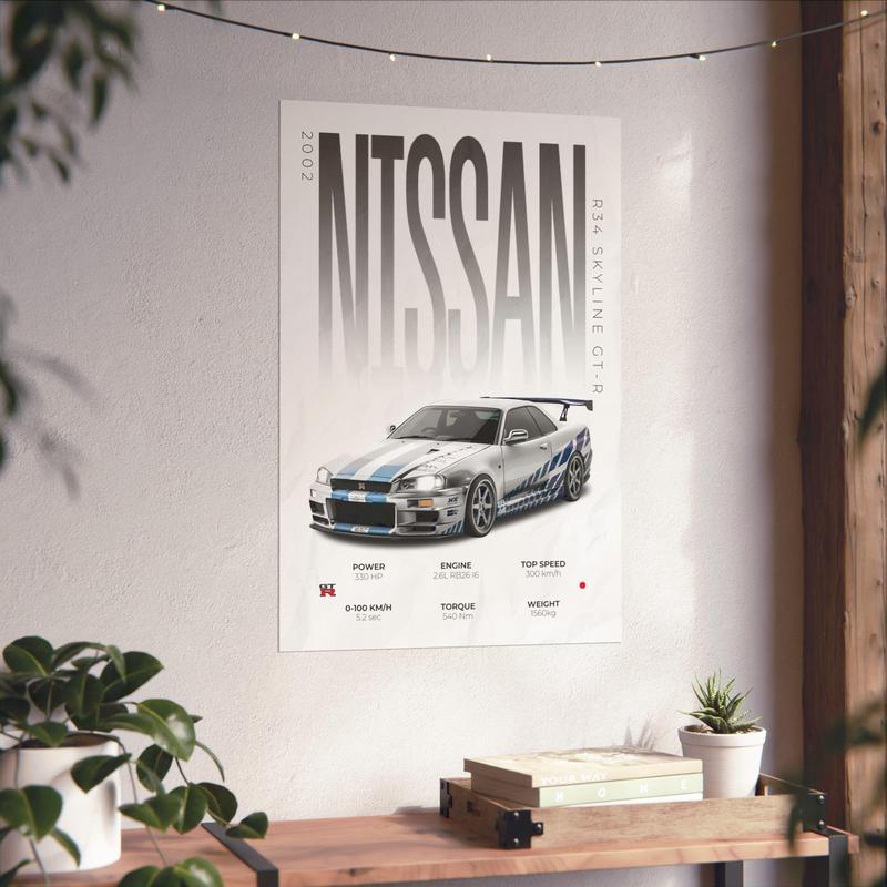 RJ Nissan R34 Skyline GT-R Poster, Car Posters, Cars, Wall Decor, JDM Poster, R34 Poster, Tokyo Drift Poster, Art Print, Gift Idea,Car Guy Gift