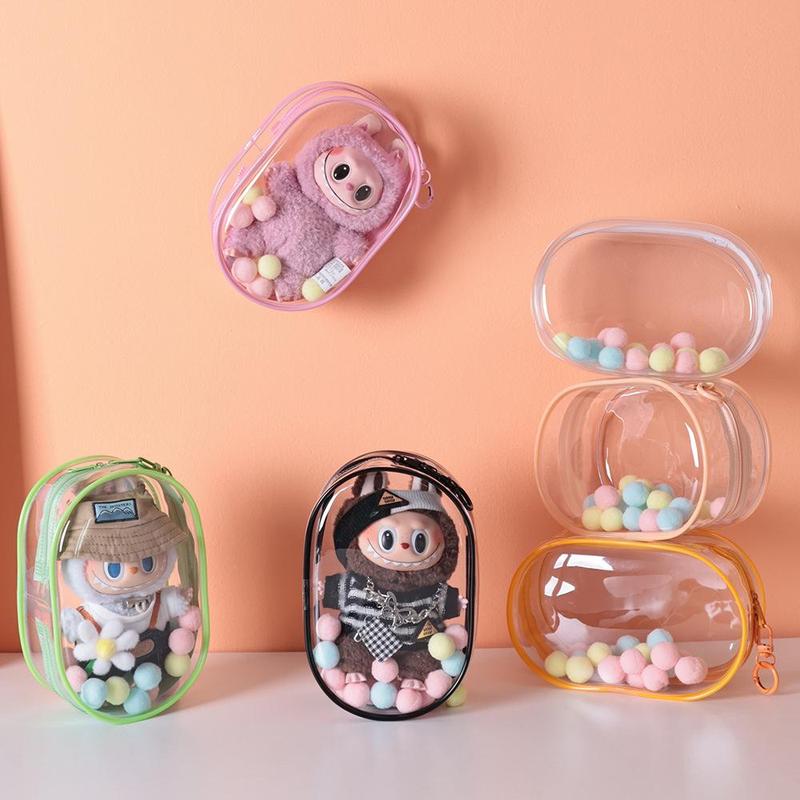 Clear PVC Storage Bag with Keychain & Fur Ball, 1 Count Mini Doll Carrier Bag, Portable Storage Bag for Doll, Home Organizer for Doll, Home Supplies