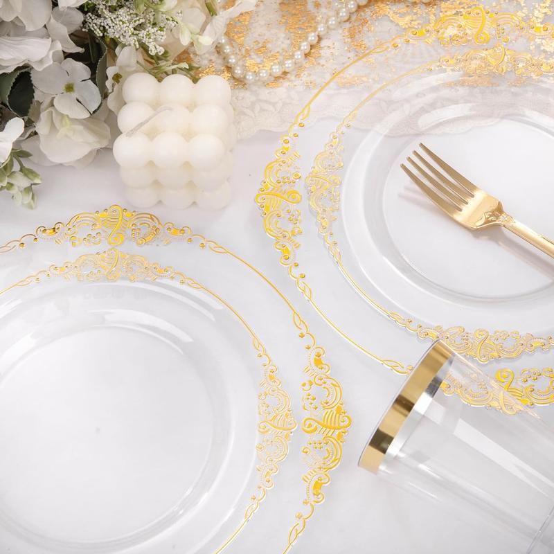 Nervure 350PCS Clear Gold Plastic Plates - Gold Plastic Dinnerware Sets for 50 Guests - 100 Gold Disposable Plates, 150 Gold Plastic Silverware, 50 Cups, 50 Napkins for Wedding & Party