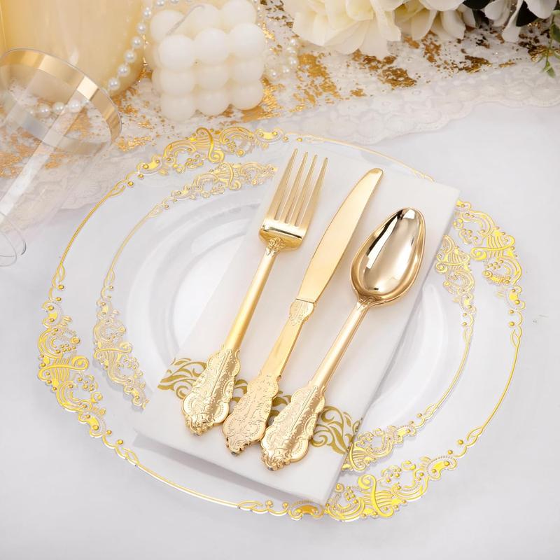 Nervure 350PCS Clear Gold Plastic Plates - Gold Plastic Dinnerware Sets for 50 Guests - 100 Gold Disposable Plates, 150 Gold Plastic Silverware, 50 Cups, 50 Napkins for Wedding & Party