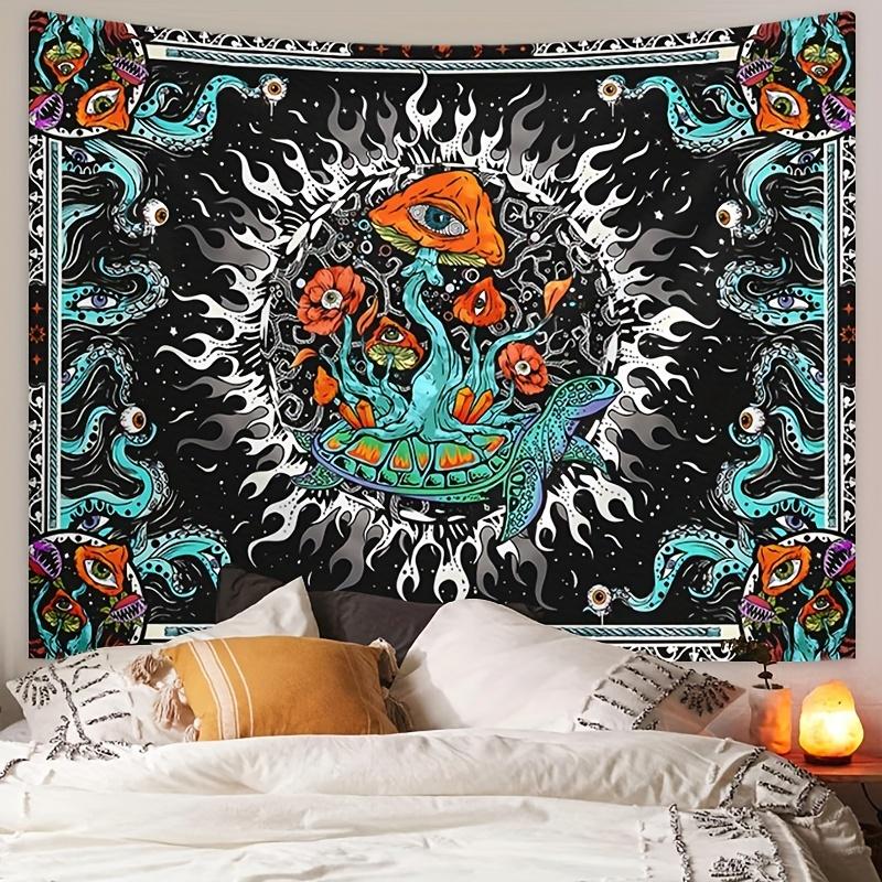 Vibrant Bohemian Burning Sun Mushroom Octopus Tapestry - Fantasy Eye Peach Skin Velvet Wall Hanging with Exquisite Patterns and Colors - Perfect for Living Room, Bedroom, Office, Home, Decor Print