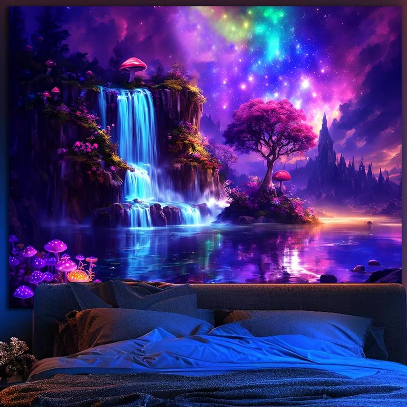 Fantasy Galaxy Waterfall Tapestry - Blacklight Wonderland Tree Mushroom UV Reactive Wall Tapestries Hanging for Bedroom & Living Room - 51