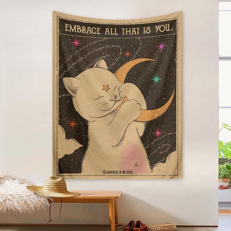 Cute Cartoon Cat Holding Moon Pattern Tapestry, 1 Count Colorful Wall Hanging Tapestry, Wall Art Decor for Home Living Room Bedroom