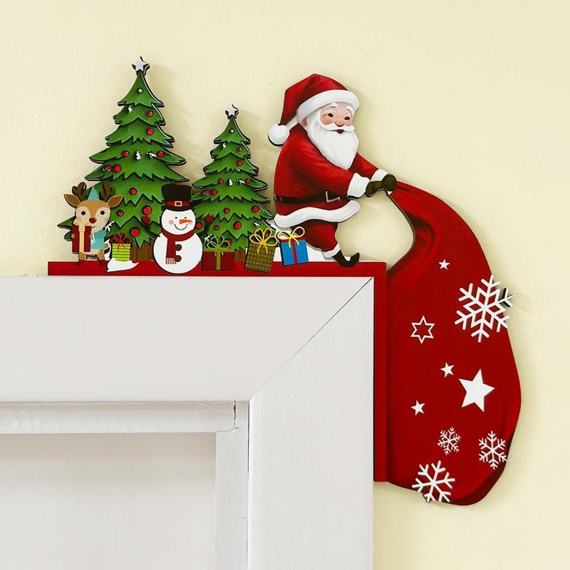 Santa Claus & Reindeer & Christmas Tree Design Door Corner Sign, 1 Count Wooden Door Decorative Ornament, Home Decor for Living Room, Bedroom, Office