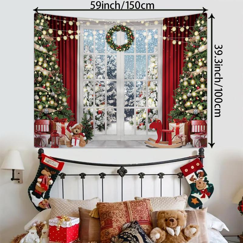 Christmas Tree Pattern Tapestry, 1 Count Winter Snow Scenery Tapestry, Happy New Year Photo Background Poster, Wall Hanging Decor for Home