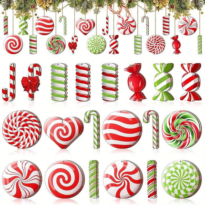 Candy Design Wooden Hanging Ornament (With Rope), 20pcs set Colorful Candy Cane Tree Decor, Holiday Party Decoration Supplies for Home Garden Party